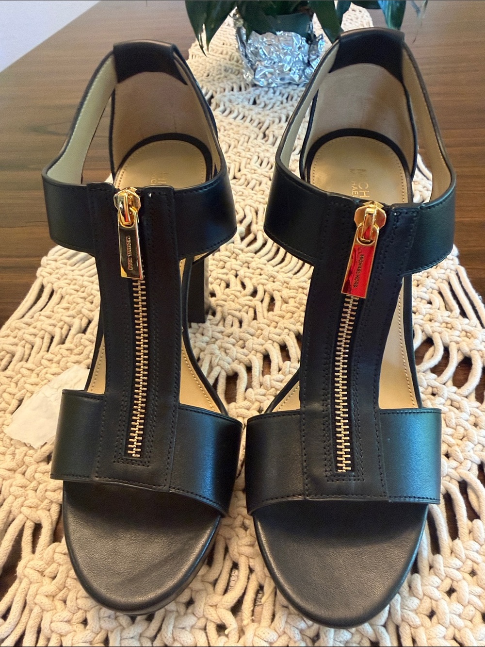 Michael Kors Black Leather T-Strap Heels with Gold Zipper Detail